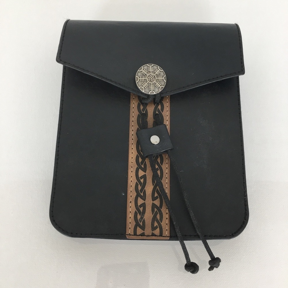 Black Leather Belt Pouch Tan Tribal Trim Western Biker